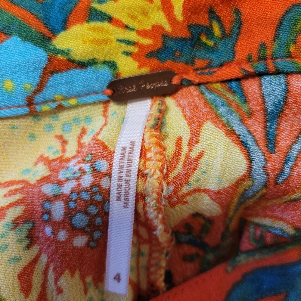Free People Blue Horizon Wide Leg Flowy Tropical Boho Orange Floral Pants Size 4 - Picture 8 of 9